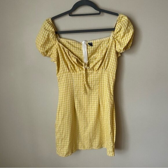 NWOT SHEIN Yellow Puff Sleeve Short Sleeve Gingham Mini Sundress Women’s Small - Picture 3 of 7